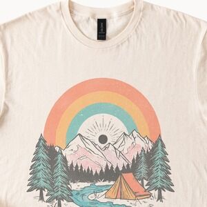 Retro Camping Landscape Graphic Tee with Rainbow and Mountains